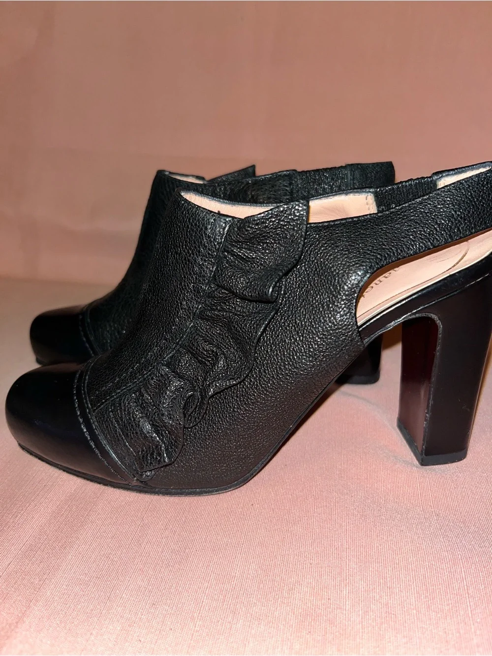 Women’s Black Soft Leather Ruffle Heel Booties